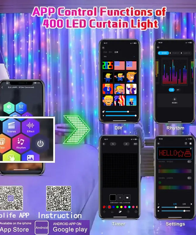 3x3 smart LED curtain with App RGB Fairy Lights , Music and Change Display best lighting decoration