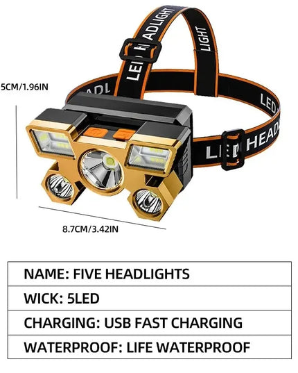 FiveHeadlight - Powerful adjustable & Rechargeable waterproof head Flashlight 