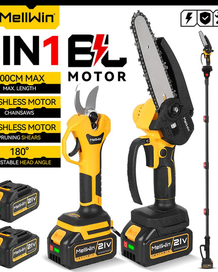 Cordless Chainsaw & Pruner – 2M Telescopic Pole & 2x 18V Battery Set, EU plug