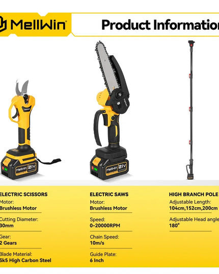 Cordless Chainsaw & Pruner – 2M Telescopic Pole & 2x 18V Battery Set, EU plug