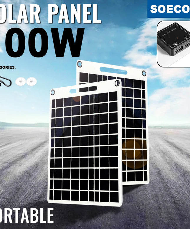 100W Solar Charger with Dual USB Ports, Waterproof & Portable Solar Panel for Emergency  