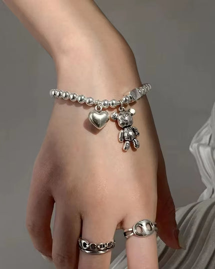 Aesthetic 925 Sterling Silver unisex beads with heart and bear Bracelet