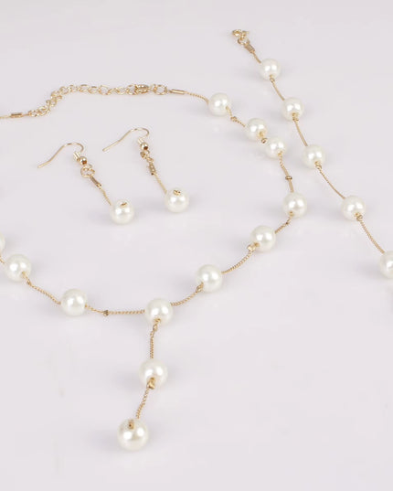 4Pcs women's elegant pearl imitation full jewelry set , Gold-Color Necklace, Earring ,Bracelet 