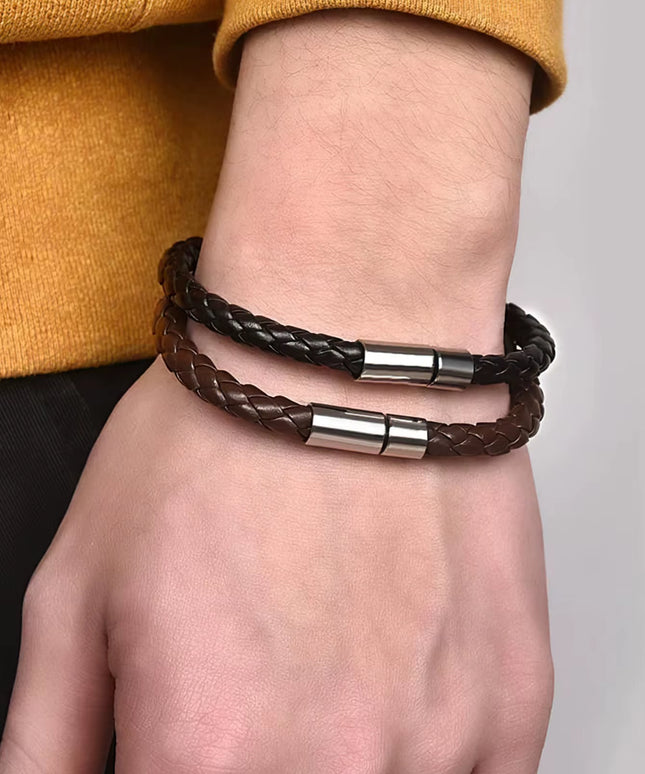 2PCS PU leather Mens's elegant magnetic bracelets set ( Black + Brown )-21cm