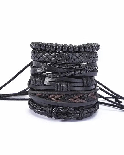Set of 6pcs adjustable Men's simple handmade black Leather Street Style Twist Bracelet