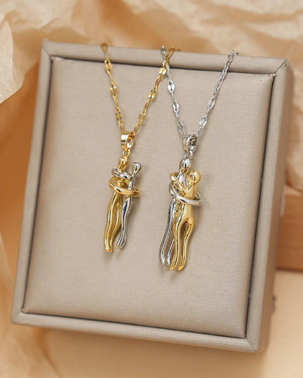 Stainless Steel Couple Hugging Necklace Pendant for Women & Men- Gold and Silver Color chains 