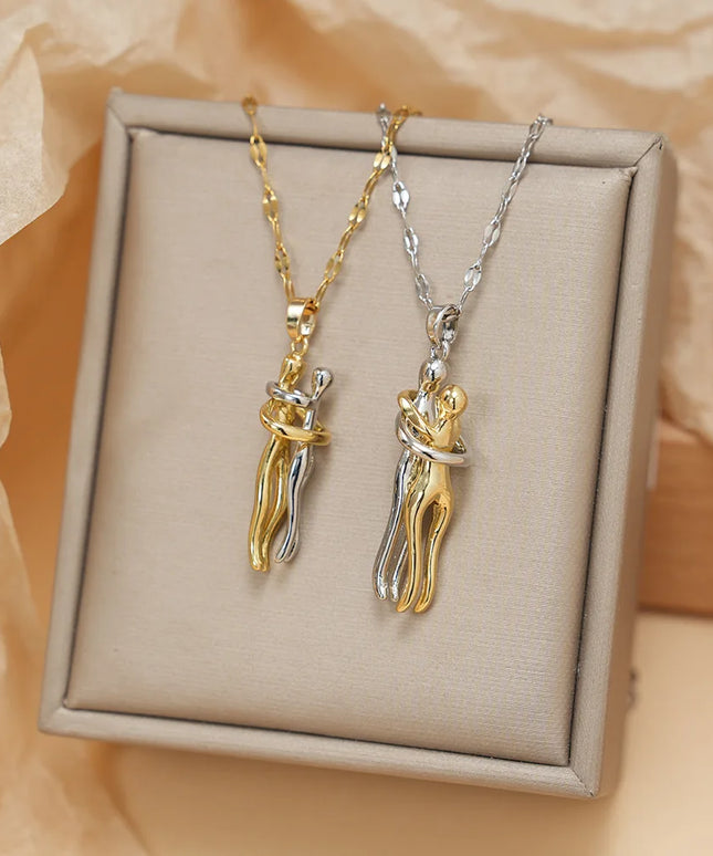 Stainless Steel Couple Hugging Necklace Pendant for Women & Men- Gold and Silver Color chains 