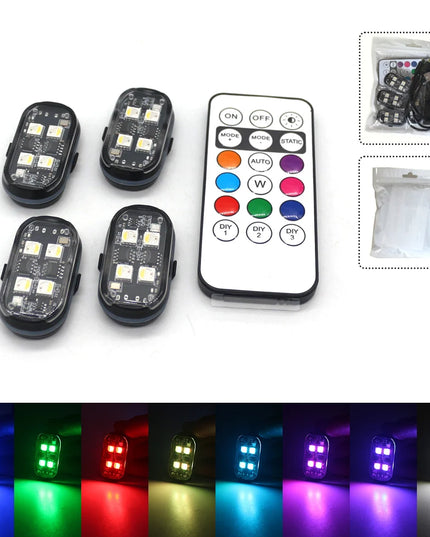 8 Pcs Set of Rechargeable 8 Color Choice Waterproof Wireless and Bright LED Strobe Lights for cars and bikes (interior or exterior)-With remote