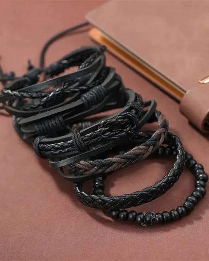 Set of 6pcs adjustable Men's simple handmade black Leather Street Style Twist Bracelet