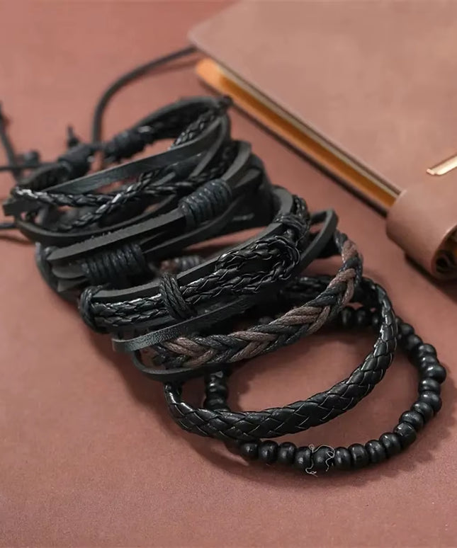 Set of 6pcs adjustable Men's simple handmade black Leather Street Style Twist Bracelet