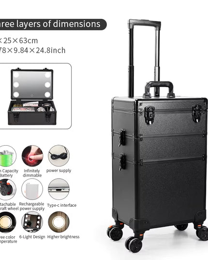 Professional Makeup Organizer Luggage with Led Lights Mriror - Large Cosmetic Trolley, Salon & Barber Case Rolling Cart for Hairstylists