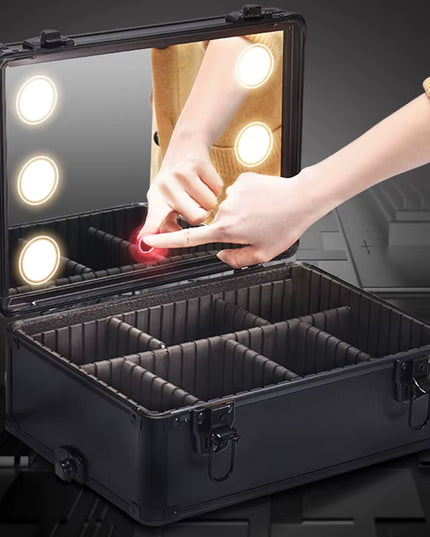 Professional Makeup Organizer Luggage with Led Lights Mriror - Large Cosmetic Trolley, Salon & Barber Case Rolling Cart for Hairstylists