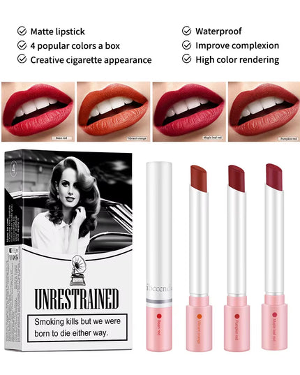 4Colors/Set Cigarette Lip Gloss Set Velvet Matte Waterproof Long-Lasting & Non-Stick 