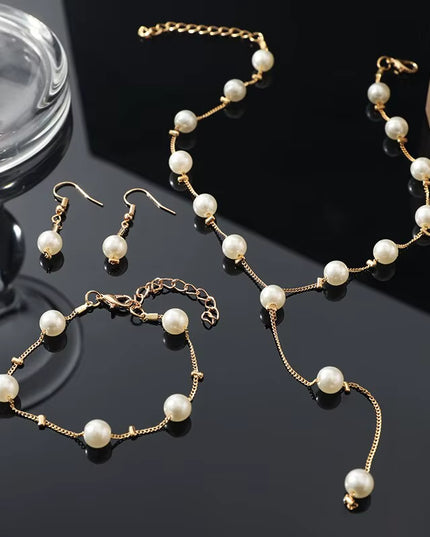 4Pcs women's elegant pearl imitation full jewelry set , Gold-Color Necklace, Earring ,Bracelet 