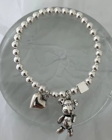 Aesthetic 925 Sterling Silver unisex beads with heart and bear Bracelet