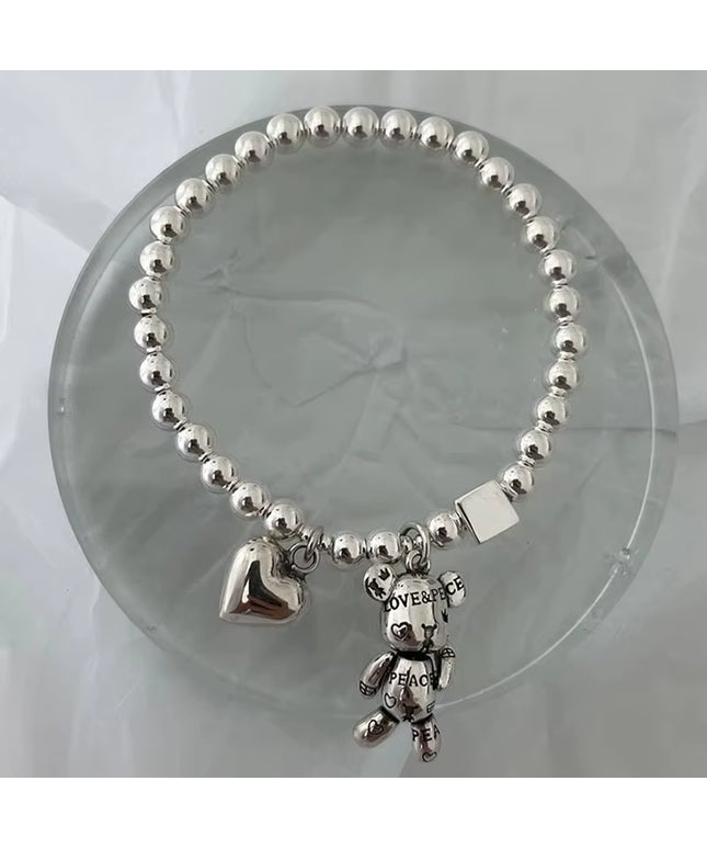 Aesthetic 925 Sterling Silver unisex beads with heart and bear Bracelet