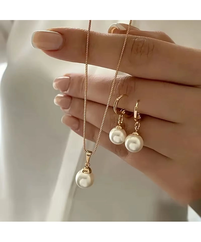 Elegant Pearl imitation Jewelry Set ,Vintage Gold Color Chain Necklace & Earring 