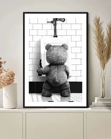 Black & White Cute "TED" Bear peeing canvas print art decoration -50x70cm (not framed)