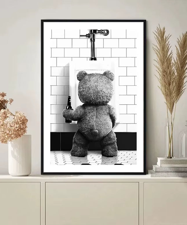 Black & White Cute "TED" Bear peeing canvas print art decoration -50x70cm (not framed)