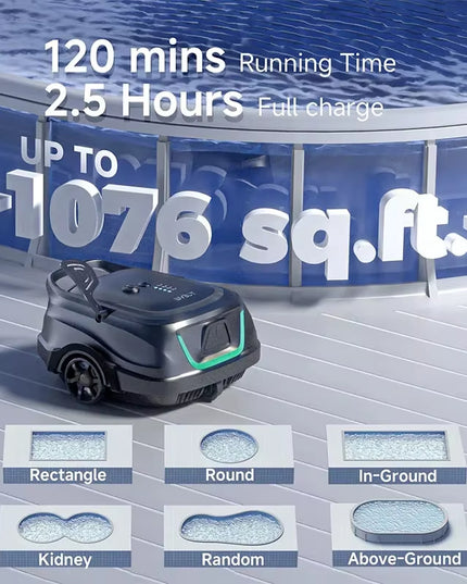 Smart wireless Swimming Pools Vacuum Cleaner, Robot Auto-Parking Dual-Layer Filtration with 120Mins Running Time