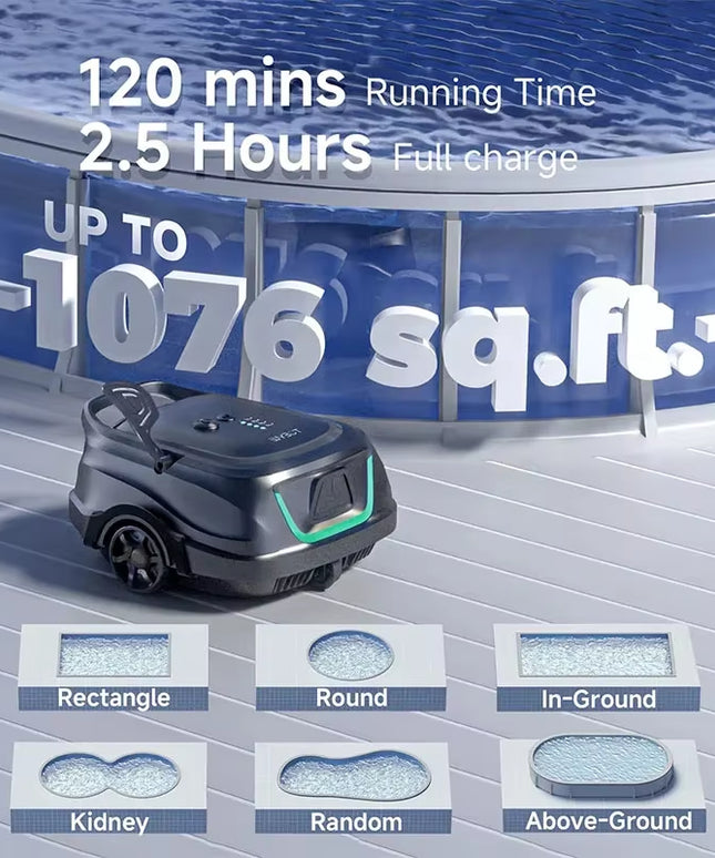 Smart wireless Swimming Pools Vacuum Cleaner, Robot Auto-Parking Dual-Layer Filtration with 120Mins Running Time