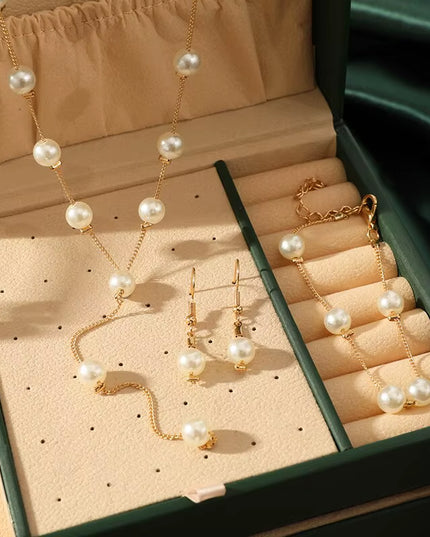 4Pcs women's elegant pearl imitation full jewelry set , Gold-Color Necklace, Earring ,Bracelet 