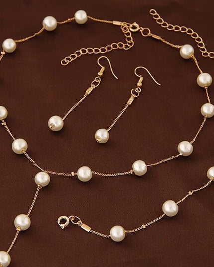 4Pcs women's elegant pearl imitation full jewelry set , Gold-Color Necklace, Earring ,Bracelet 