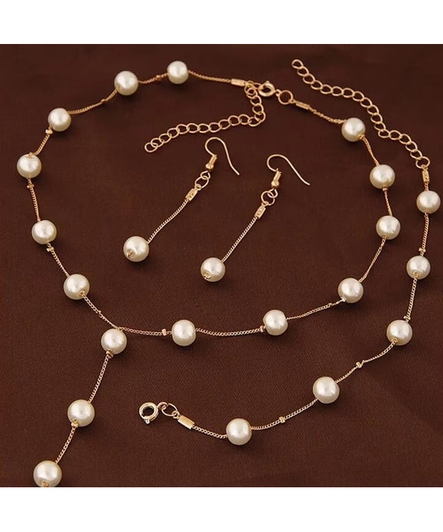 4Pcs women's elegant pearl imitation full jewelry set , Gold-Color Necklace, Earring ,Bracelet 