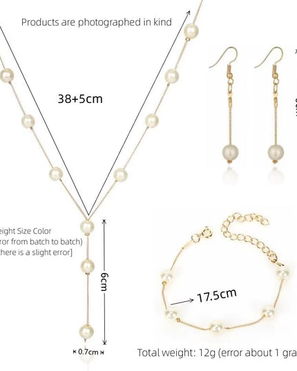 4Pcs women's elegant pearl imitation full jewelry set , Gold-Color Necklace, Earring ,Bracelet 