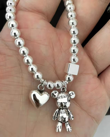 Aesthetic 925 Sterling Silver unisex beads with heart and bear Bracelet