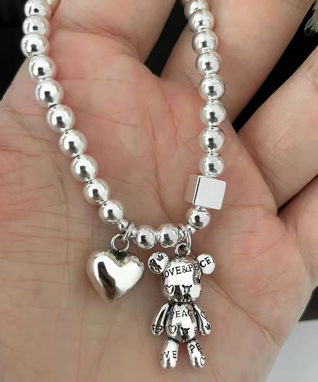 Aesthetic 925 Sterling Silver unisex beads with heart and bear Bracelet