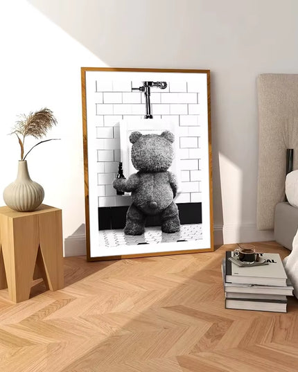 Black & White Cute "TED" Bear peeing canvas print art decoration -50x70cm (not framed)