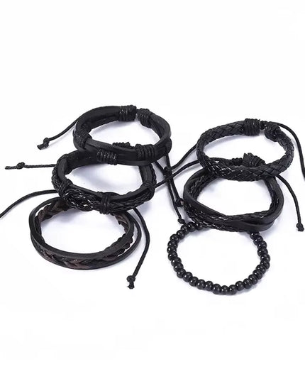 Set of 6pcs adjustable Men's simple handmade black Leather Street Style Twist Bracelet