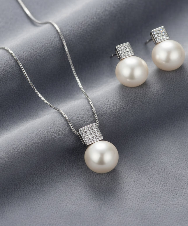 2 PCS imitation Pearl silver necklace and earirng set 