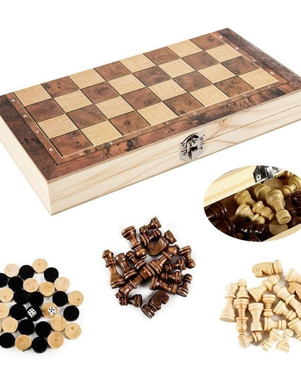 3 in 1 folding Wooden games set (chess / checkers / backgammon )-34x34cm