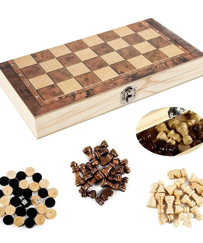 3 in 1 folding Wooden games set (chess / checkers / backgammon )-34x34cm