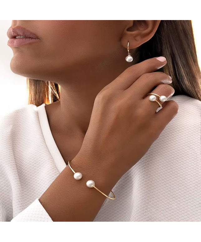4Pcs Simple Pearl jewelry set Earrings / Ring / Bangle