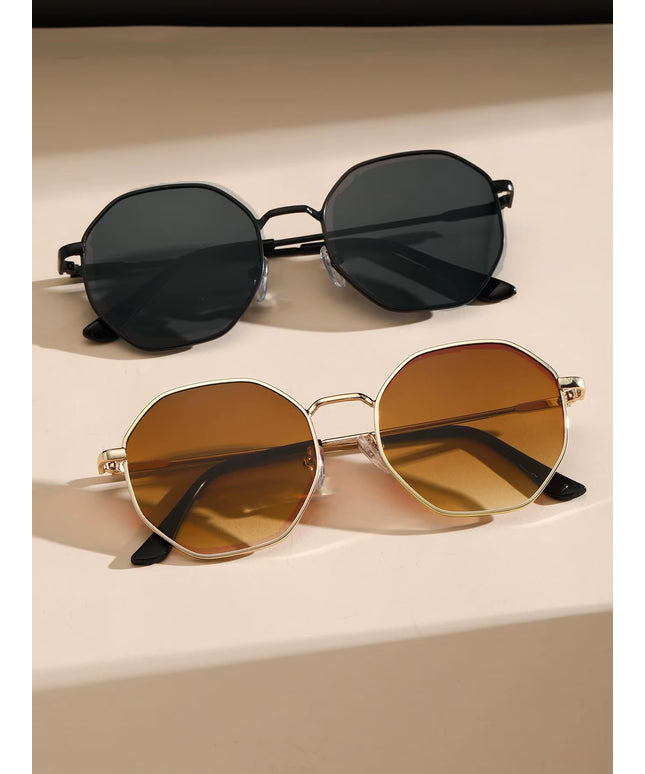 2Pcs Men's sunglasses set , black and gold Metal Geometric & Round Frame Classical Sunglasses 
