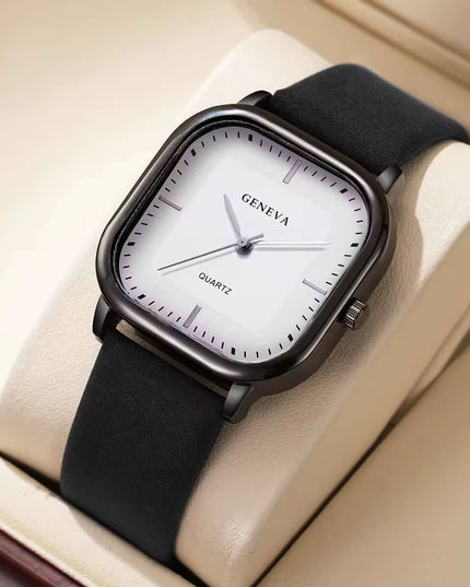 Unique slick Square Minimalist Quartz Movement men's Watch with Casual Leather Strap (Without Box）